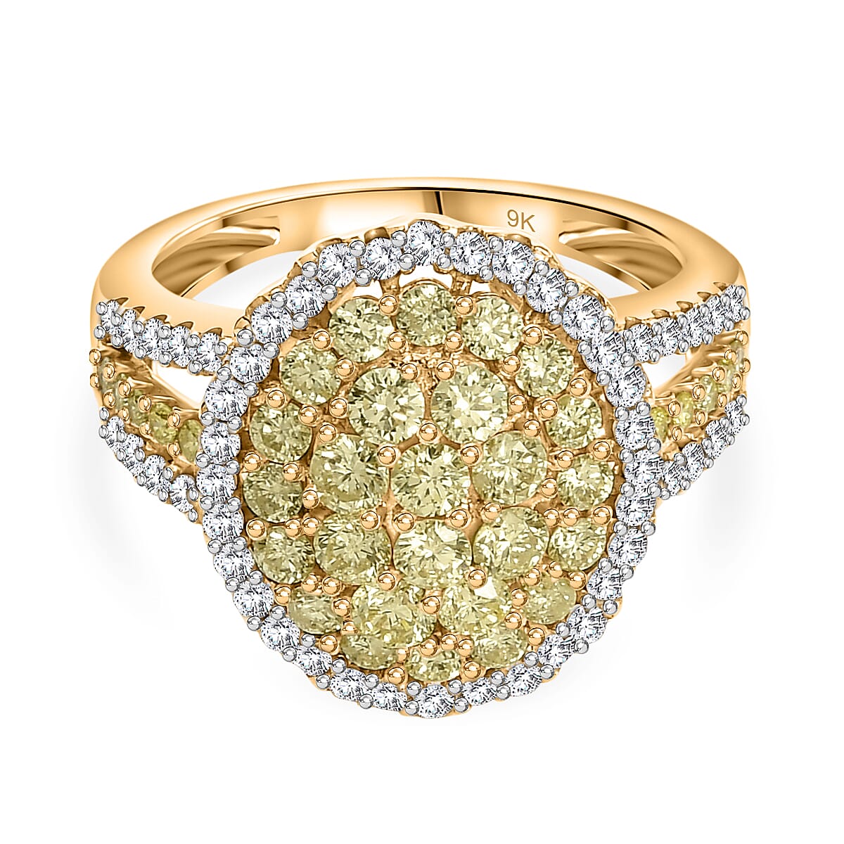 9K Yellow Gold SGL Certified Natural Yellow Diamond, White Diamond I3 Cluster Ring 8047444 0
