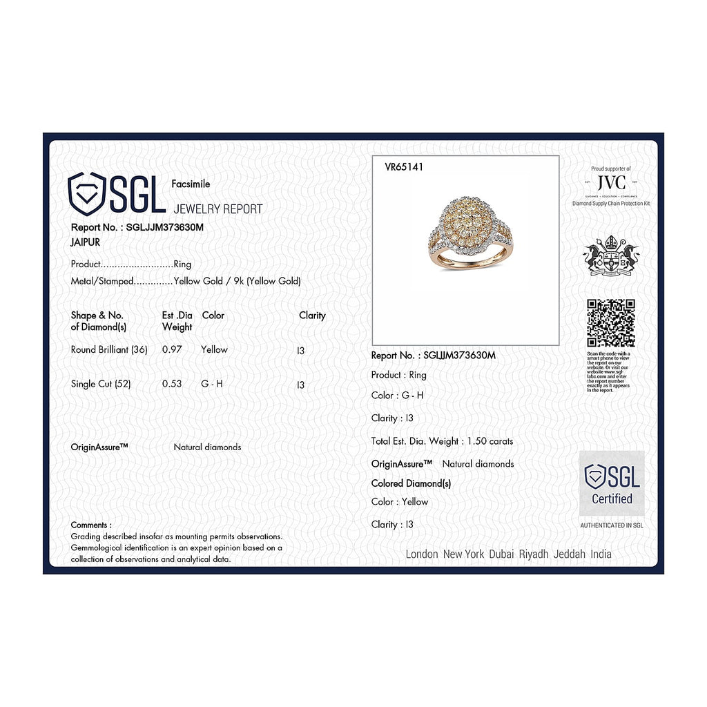 One Time Deal - 9K Yellow Gold I3 Natural Yellow Diamond & I3 G-H White Diamond SGL Certified Ring 1.50 Ct.
