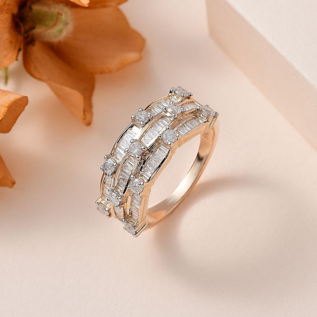 9K Yellow Gold Diamond Three Row Eternity Band Ring 1.00 Ct