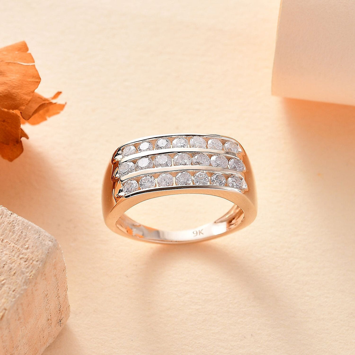 9K Yellow Gold SGL Certified GH Natural Diamond 3-Row Ring 1.01 Ct. 7889669 2
