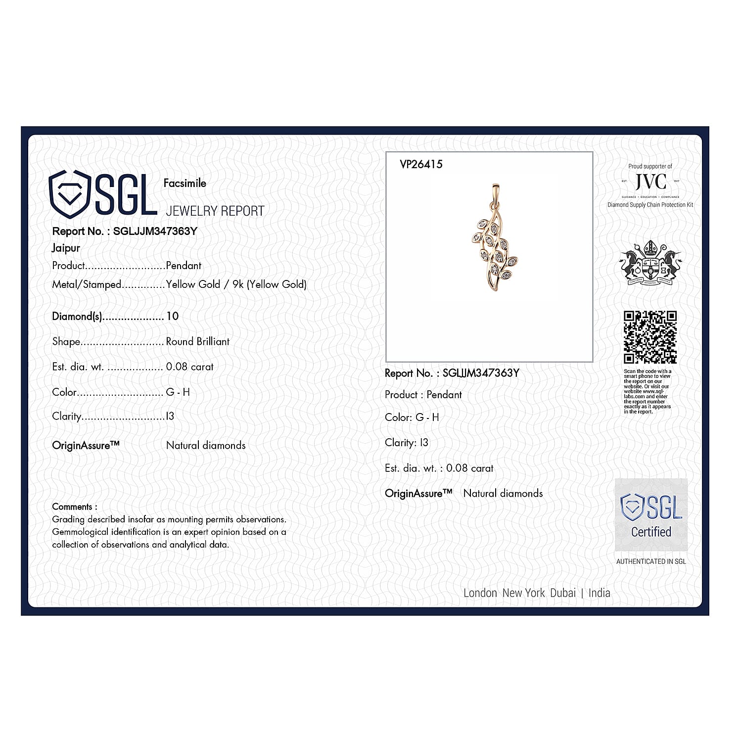 9K Yellow Gold SGL Certified White Diamond Fancy Pendant 0.08 Ct. 7646073 7
