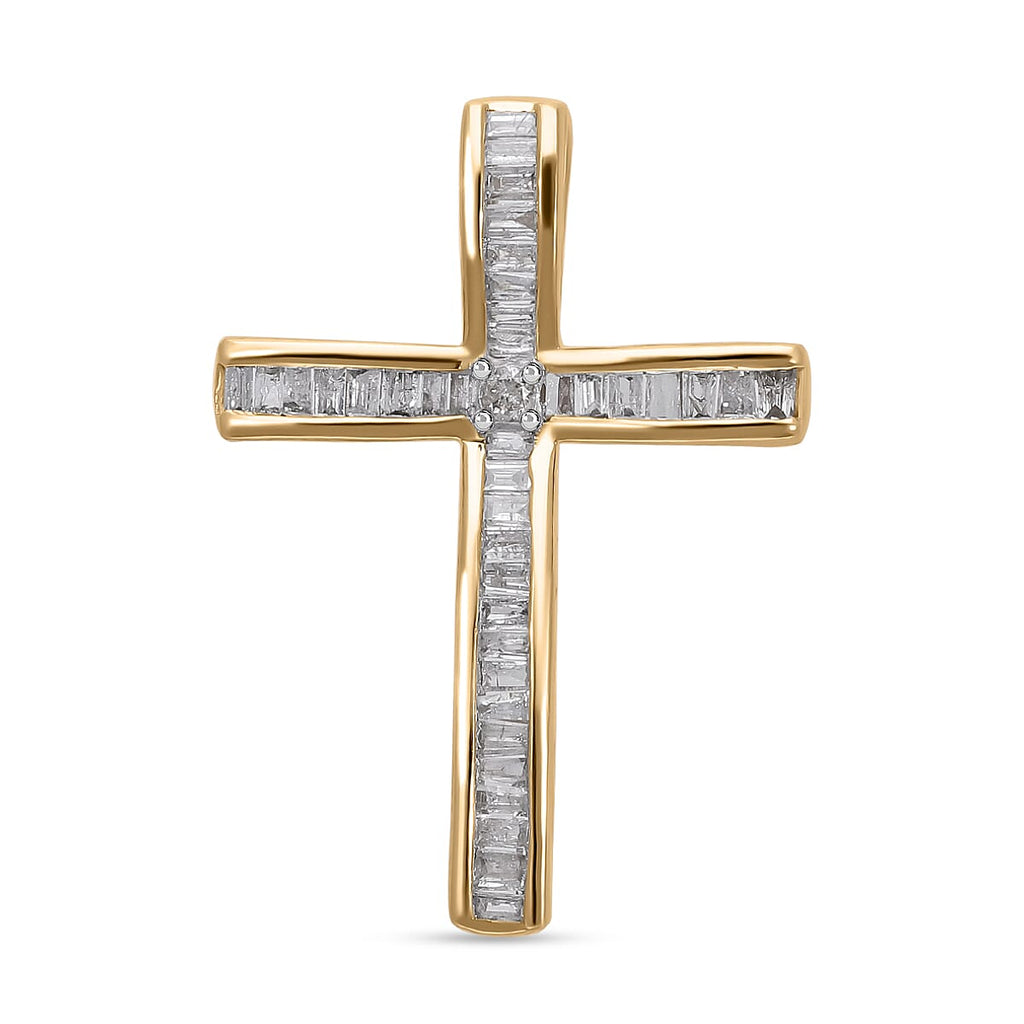 9K Yellow Gold White Diamond Cross Pendant 0.50 Ct