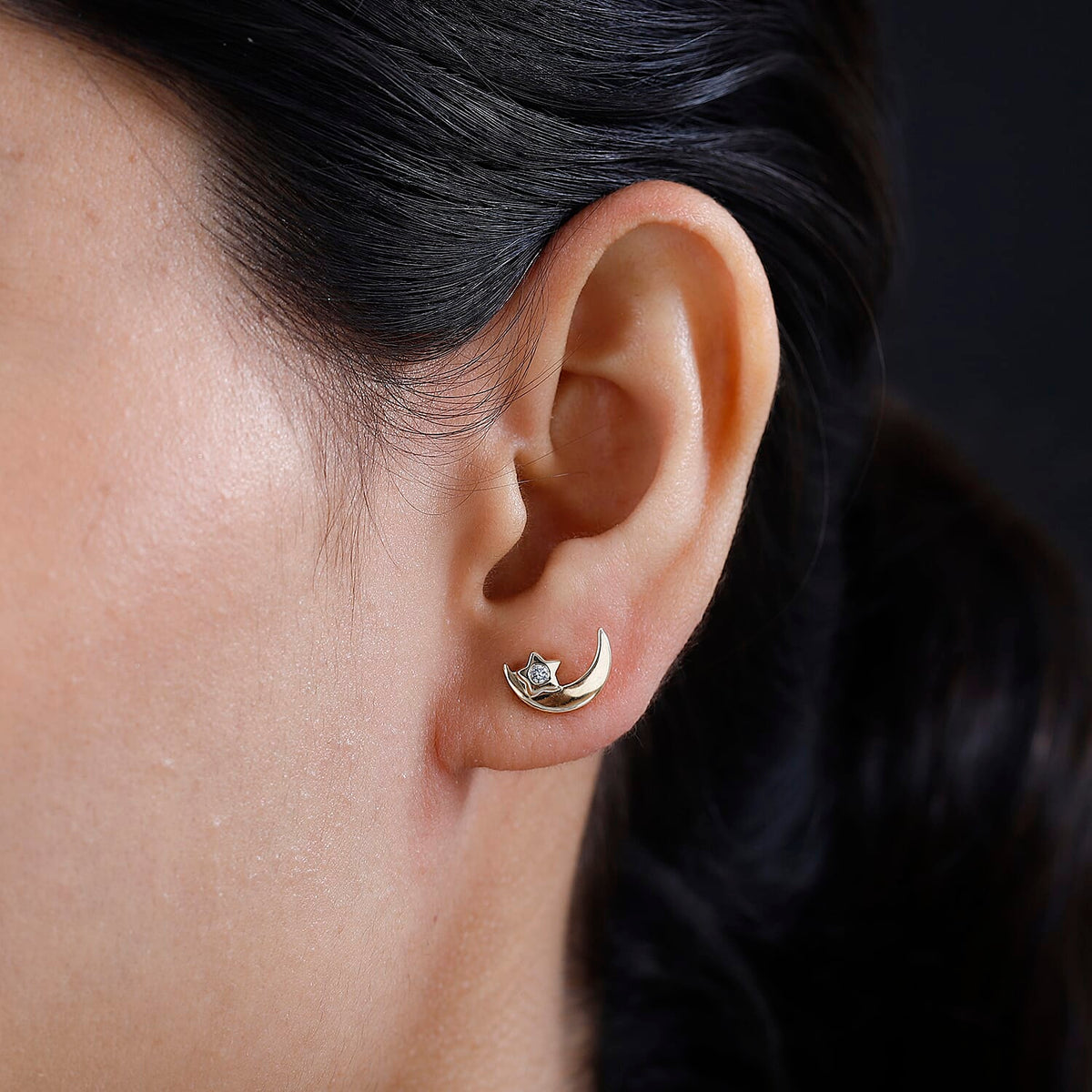 9K Yellow Gold I3 White Diamond I3 Moon and Star Solitaire Stud Push Post Earring 0.05 ct, Gold Wt. 1.66 Gms 0.050 Ct. 7646924 3