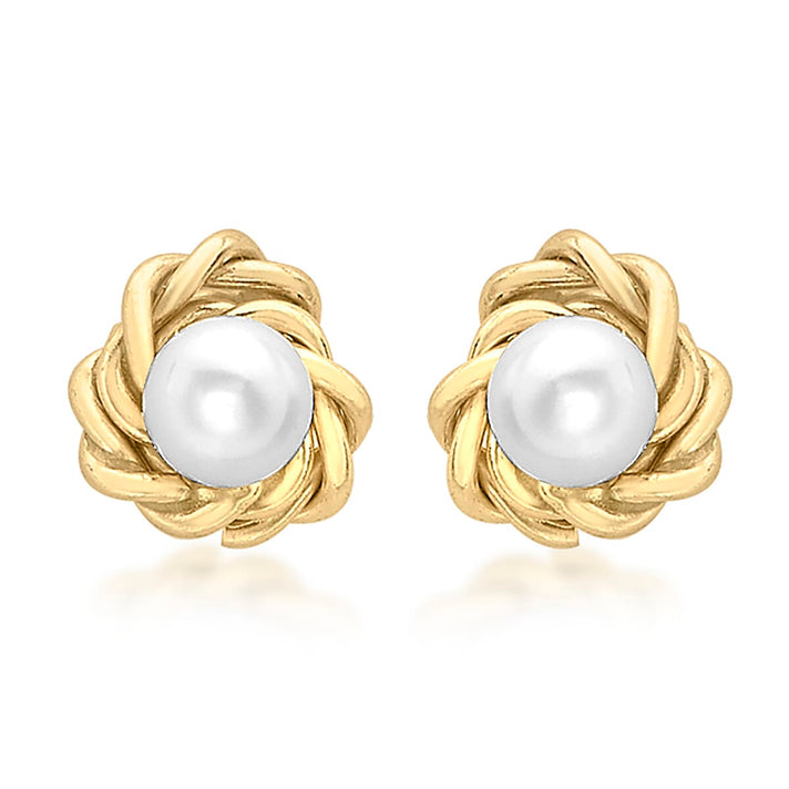 9K Yellow Gold Knot and 3mm Freshwater Pearl 5mm Stud Earrings 7078175 1