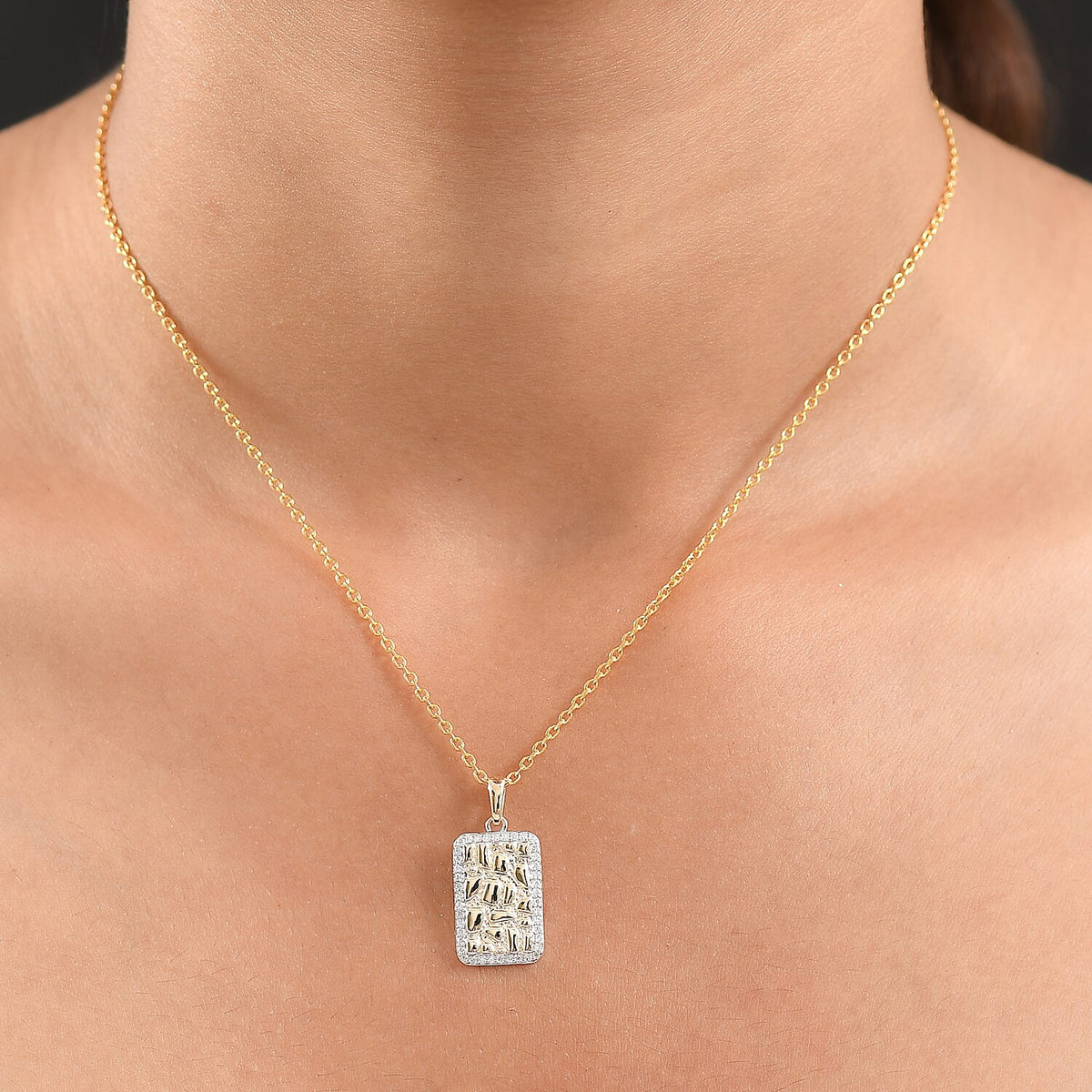 9K Yellow Gold Moissanite Textured Rectangular Halo Pendant 8269740 2