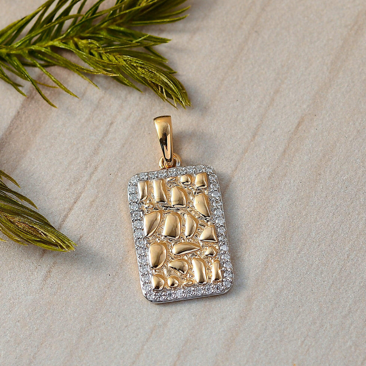 9K Yellow Gold Moissanite Textured Rectangular Halo Pendant 8269740 3