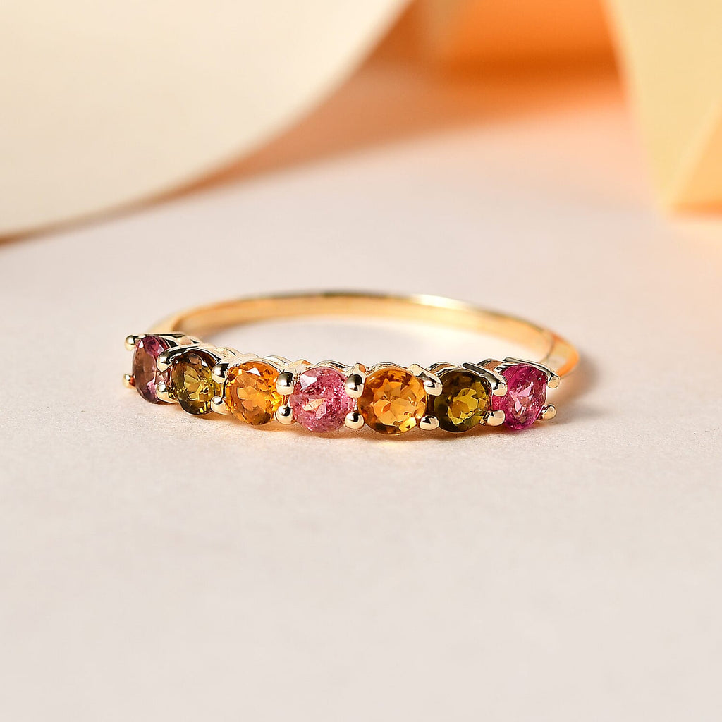 9K Yellow Gold Multi-Tourmaline 7 Stone Band Ring 1.60 Ct