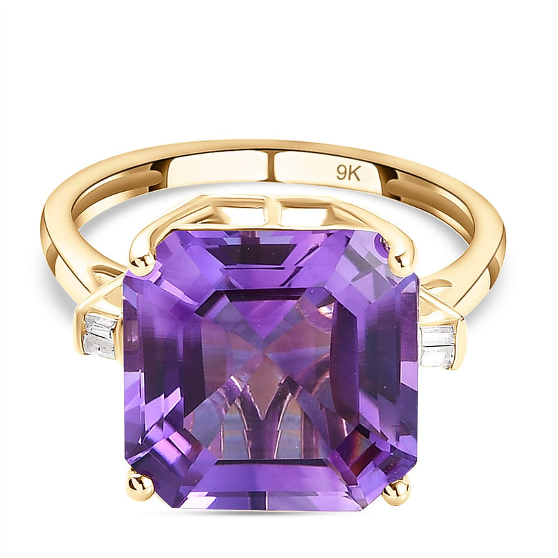 9K Yellow Gold Natural Moroccan Amethyst (Asscher 12x12 mm) and Natural Zircon Ring 7.67 Ct.