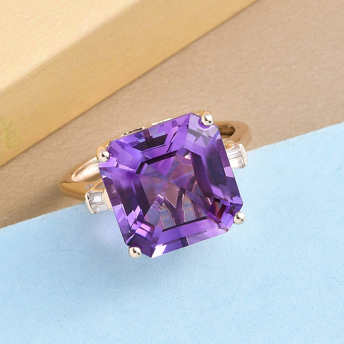 9K Yellow Gold Natural Moroccan Amethyst (Asscher 12x12 mm) and Natural Zircon Ring 7.67 Ct. 7012258 8