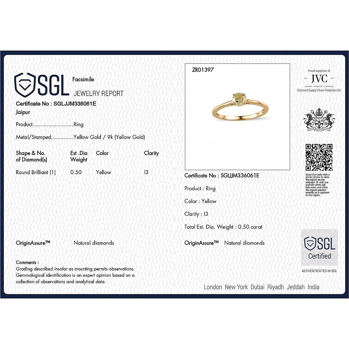 9K Yellow Gold Natural Yellow Diamond (I3-GH) Solitaire SGL Certified Ring 7437193 6