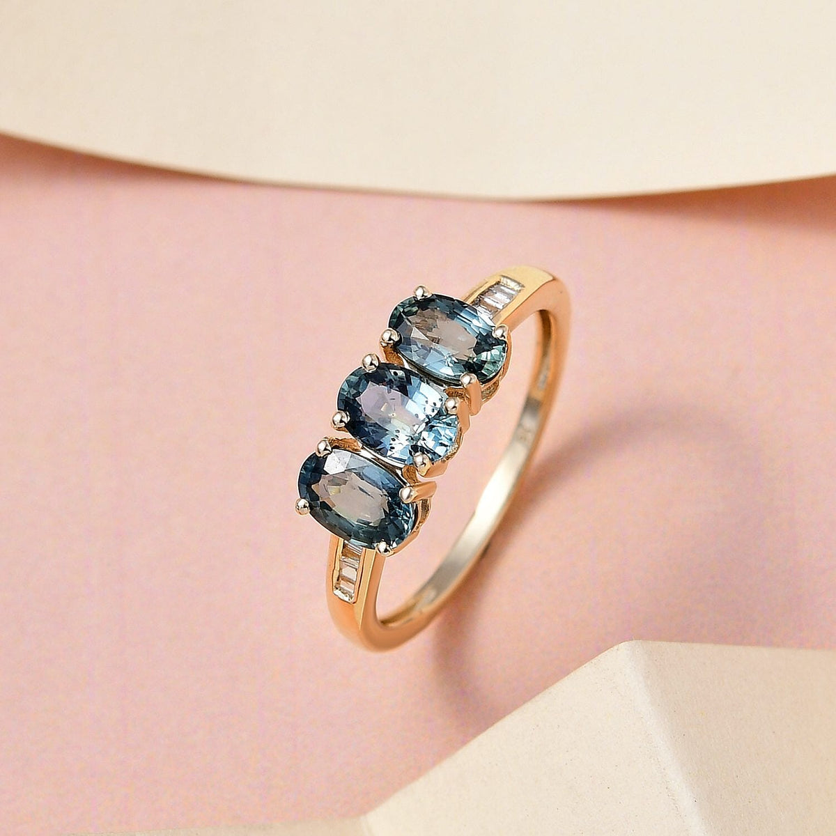 9K Yellow Gold Ocean Teal Sapphire and Diamond Ring 1.55 Ct. 7259713 4