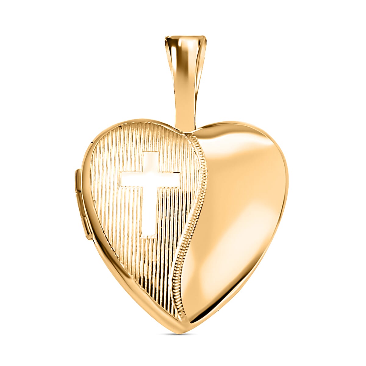 9K Yellow Gold 12mm x 18mm Etched Cross Detail Heart Locket 7343763 0