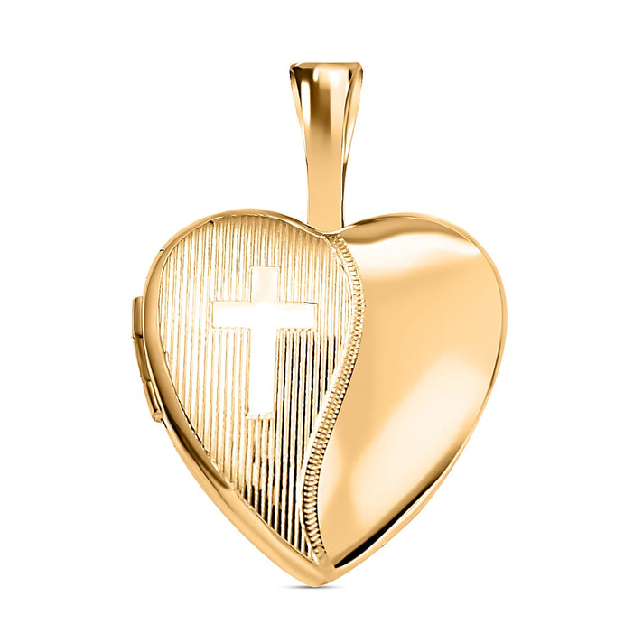 9K Yellow Gold 12mm x 18mm Etched Cross Detail Heart Locket 7343763 1