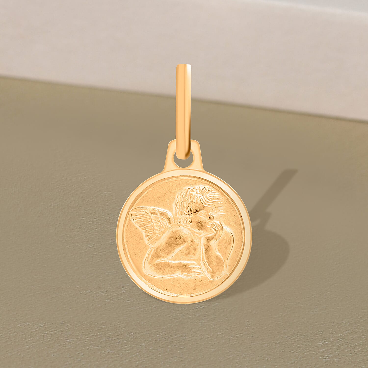 9K Yellow Gold 10mm Angel Round Medal Satin Pendant 7343683 2