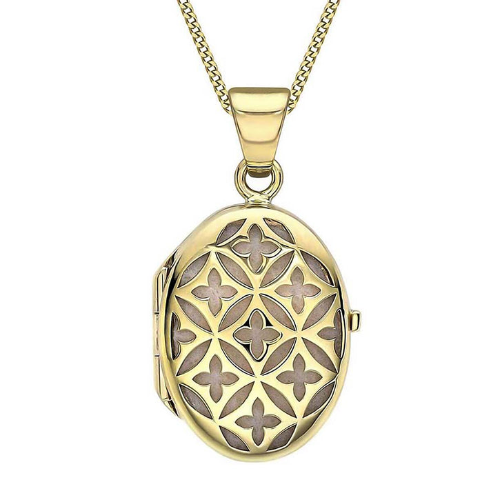 9K Yellow Gold 16.5mm x 30mm Fabric Backed Lattice Locket 7343893 1