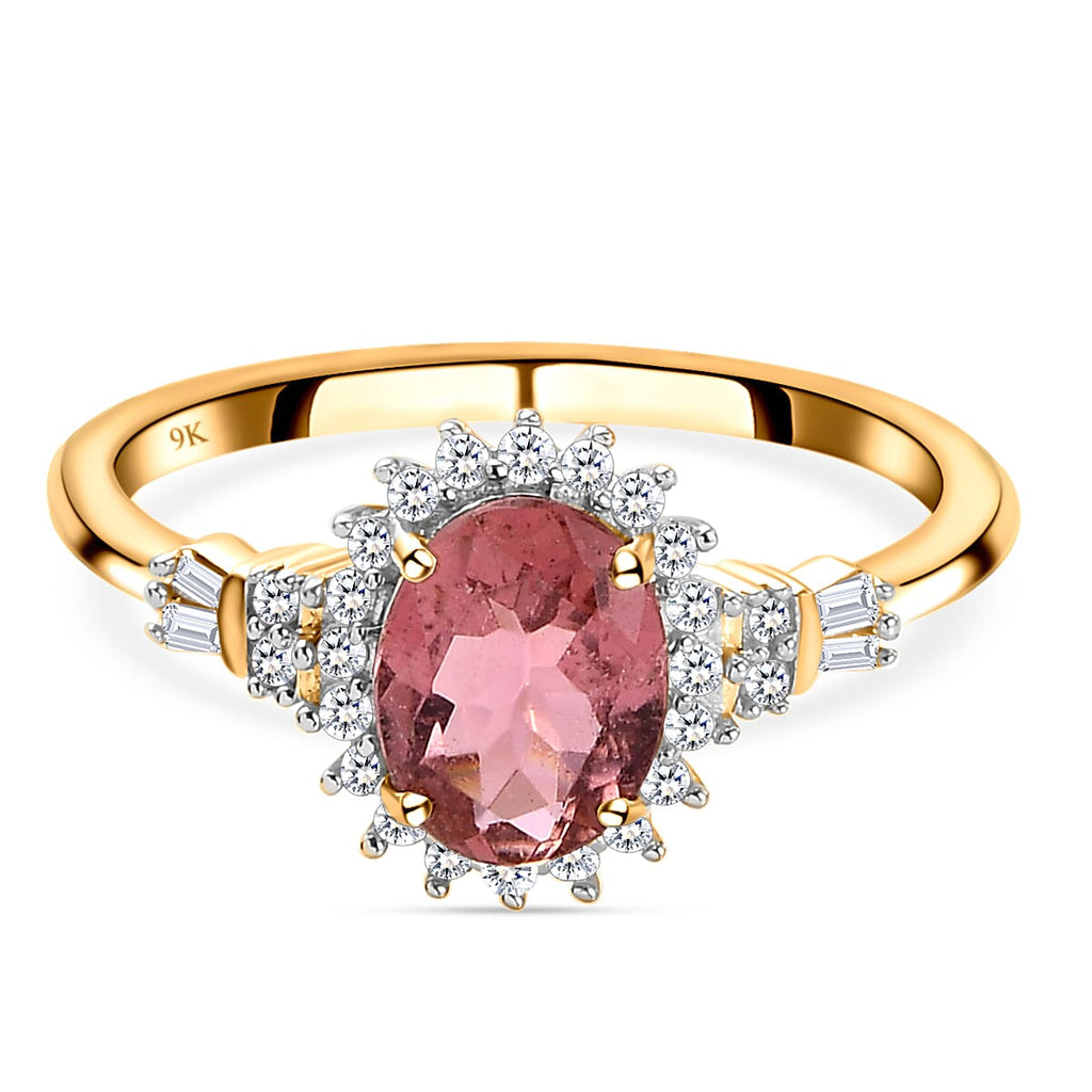 9K Yellow Gold Rare Pink Tourmaline and Diamond Ring 1.42 Ct.