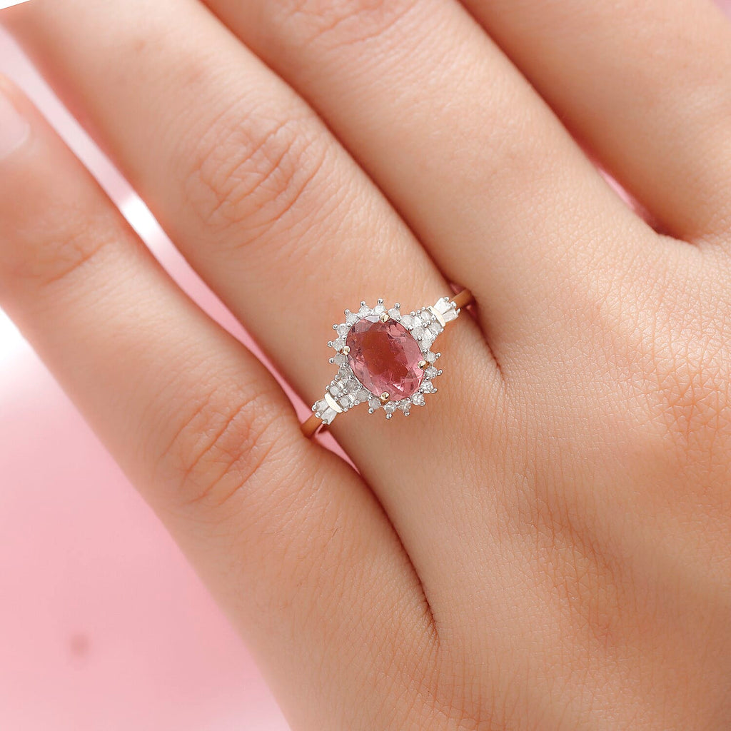 9K Yellow Gold Rare Pink Tourmaline and Diamond Ring 1.42 Ct.