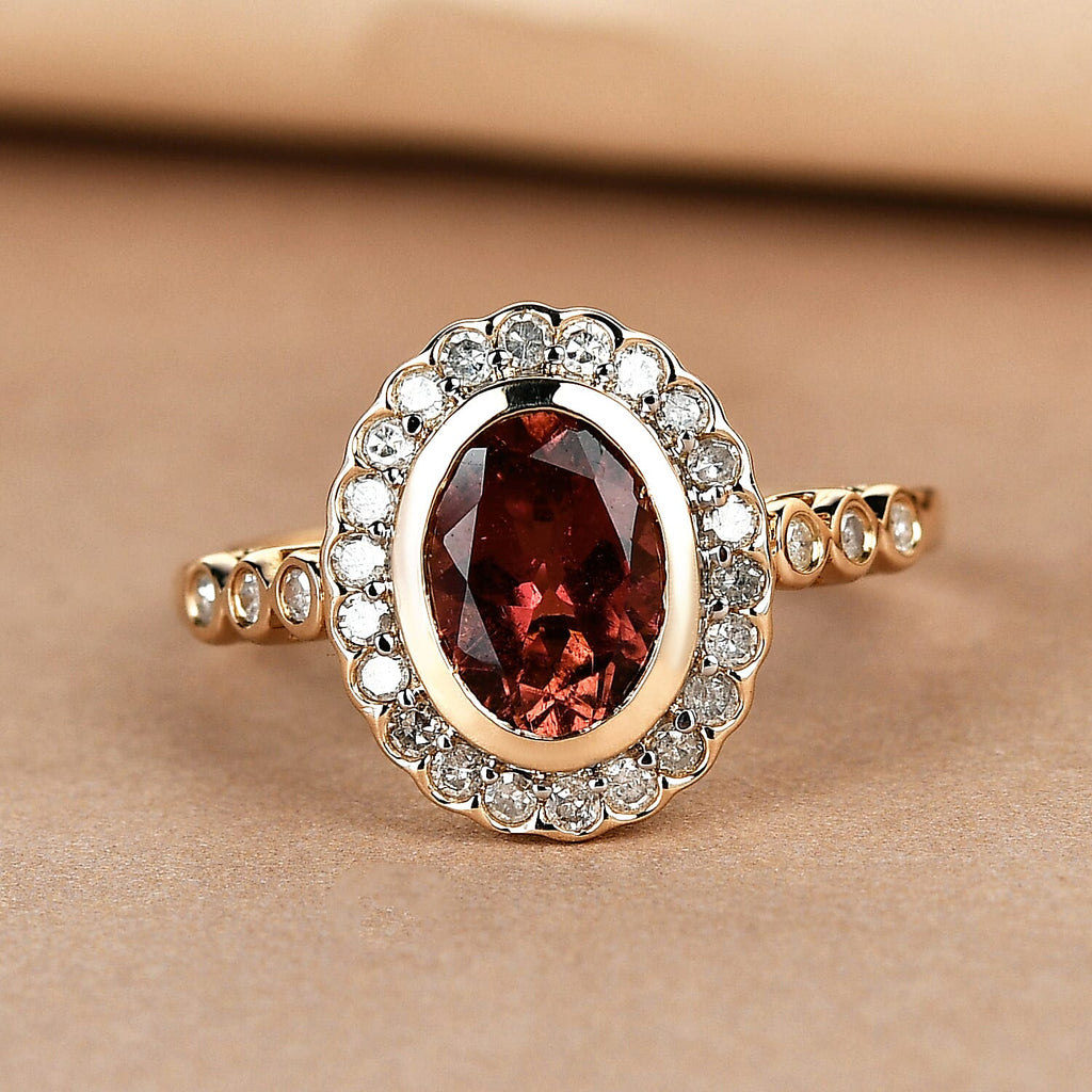 9K Yellow Gold Rubellite and Diamond Ring 1.52 Ct.
