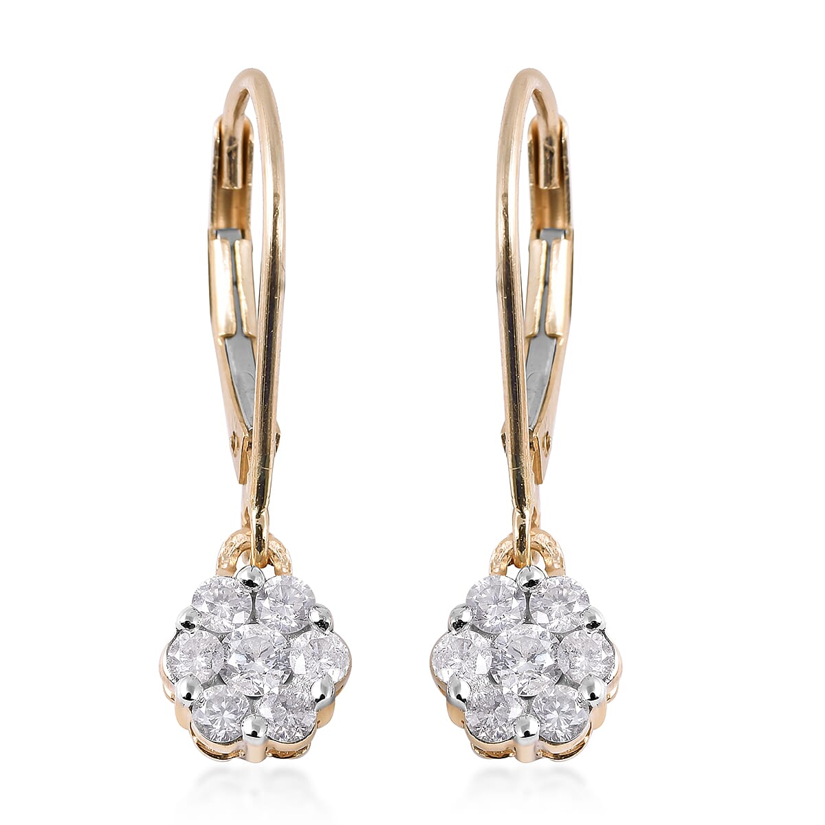 Diamond (I3-GH) Pressure Set Floral Lever Back Earrings in 9K Yellow Gold, SGL Certified 3188076 0