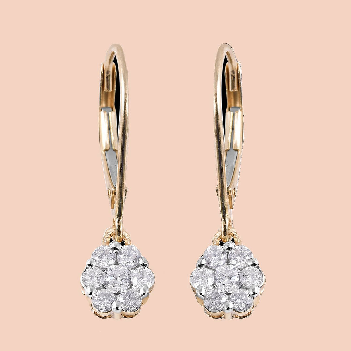 Diamond (I3-GH) Pressure Set Floral Lever Back Earrings in 9K Yellow Gold, SGL Certified 3188076 2