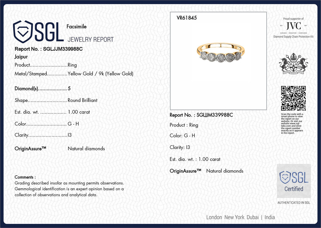 One Time Close Out Deal- 9K Yellow Gold SGL Certified Diamond (G-H) 5 Stone Ring 1.00 Ct