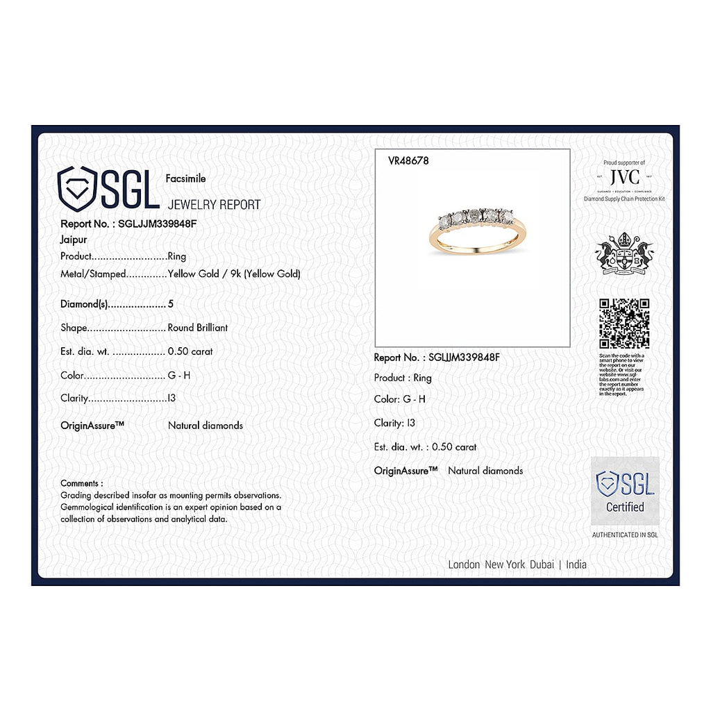 9K Yellow Gold SGL Certified (I3-G-H) Diamond Five Stone Ring 0.50 Ct.