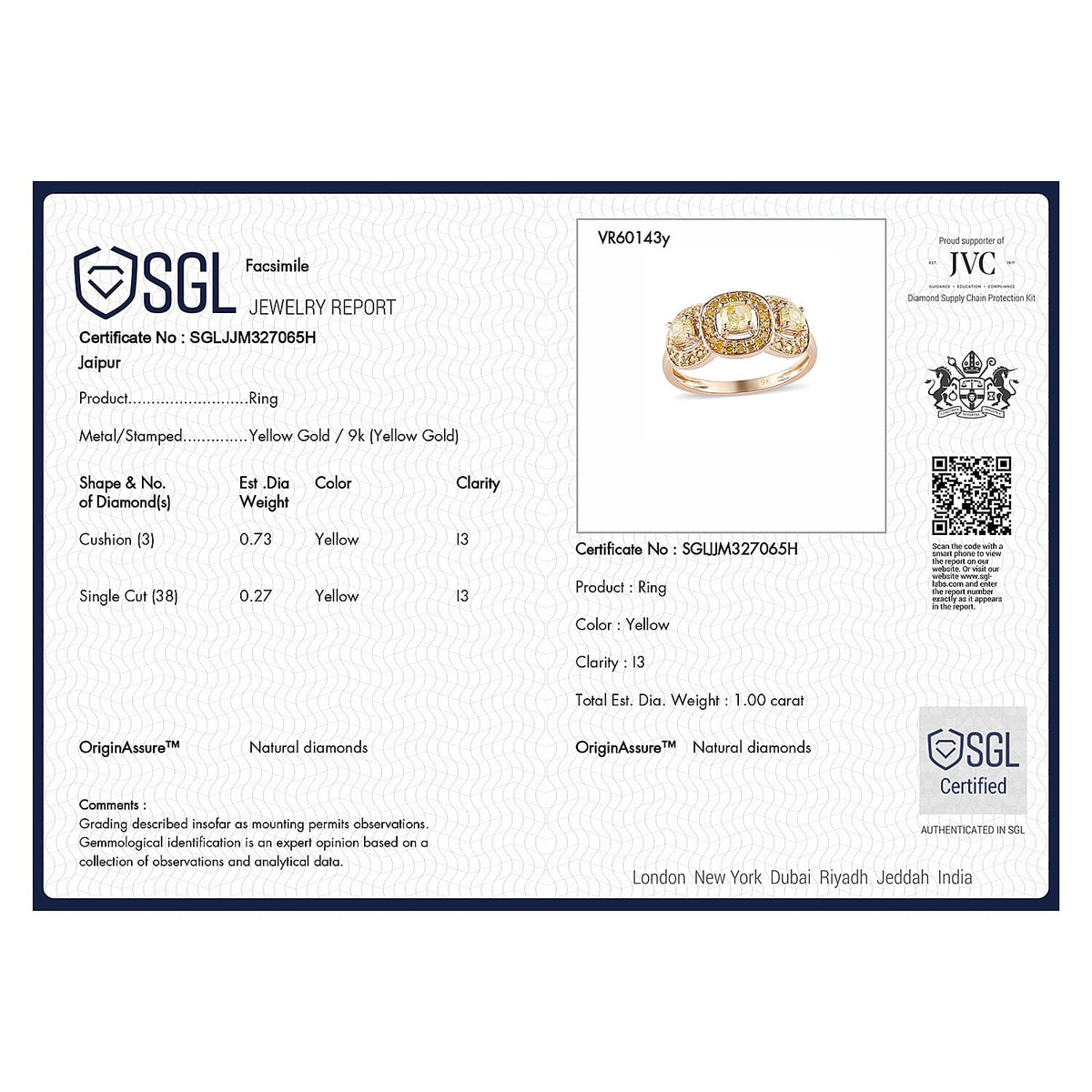 9K Yellow Gold SGL Certified Natural Yellow Diamond I3 Cluster Ring 1.02 Ct 7214027 7