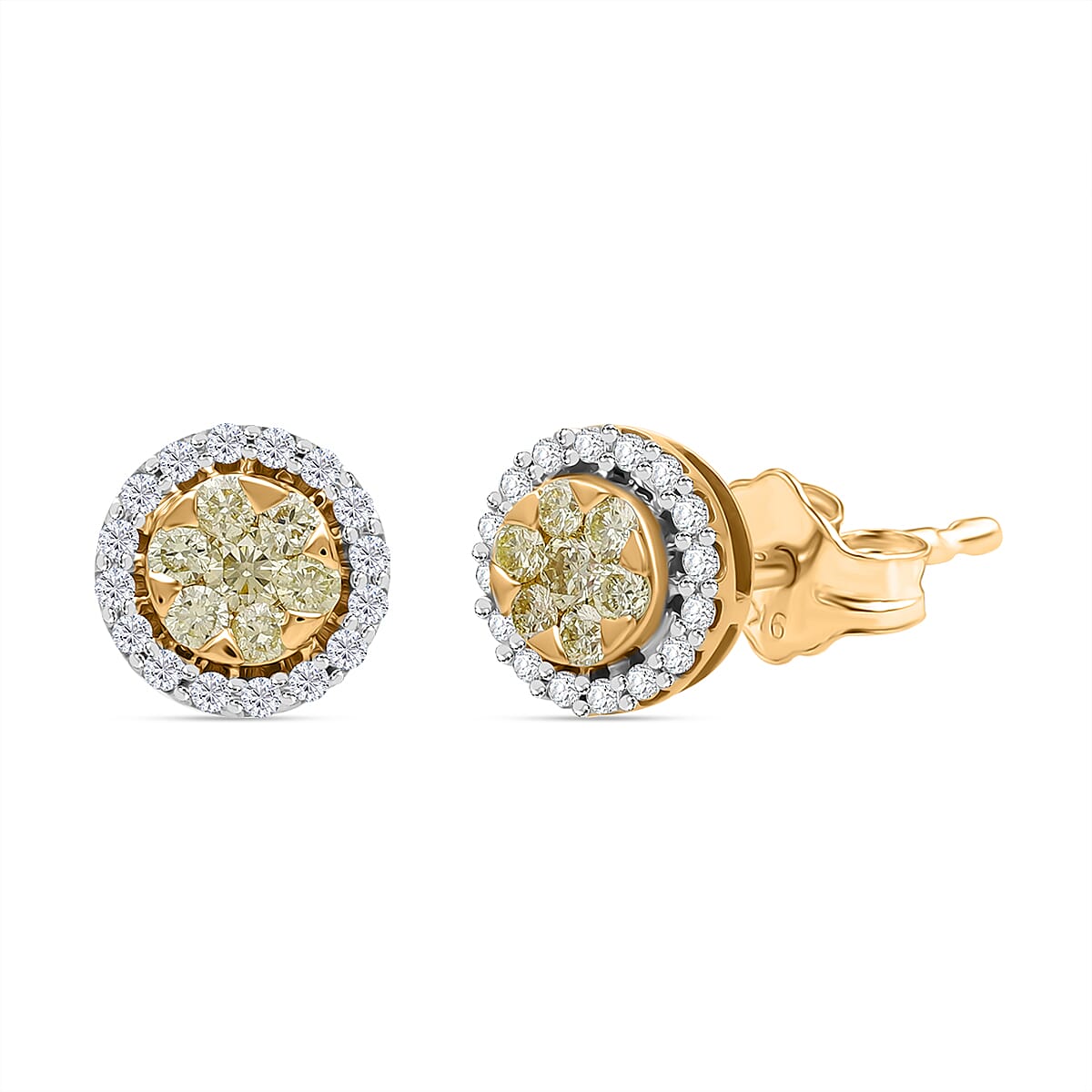 9K Yellow Gold SGL Certified Natural Yellow Diamond, White Diamond Cluster Stud Push Back Earrings 0.50 Ct. 8114449 0