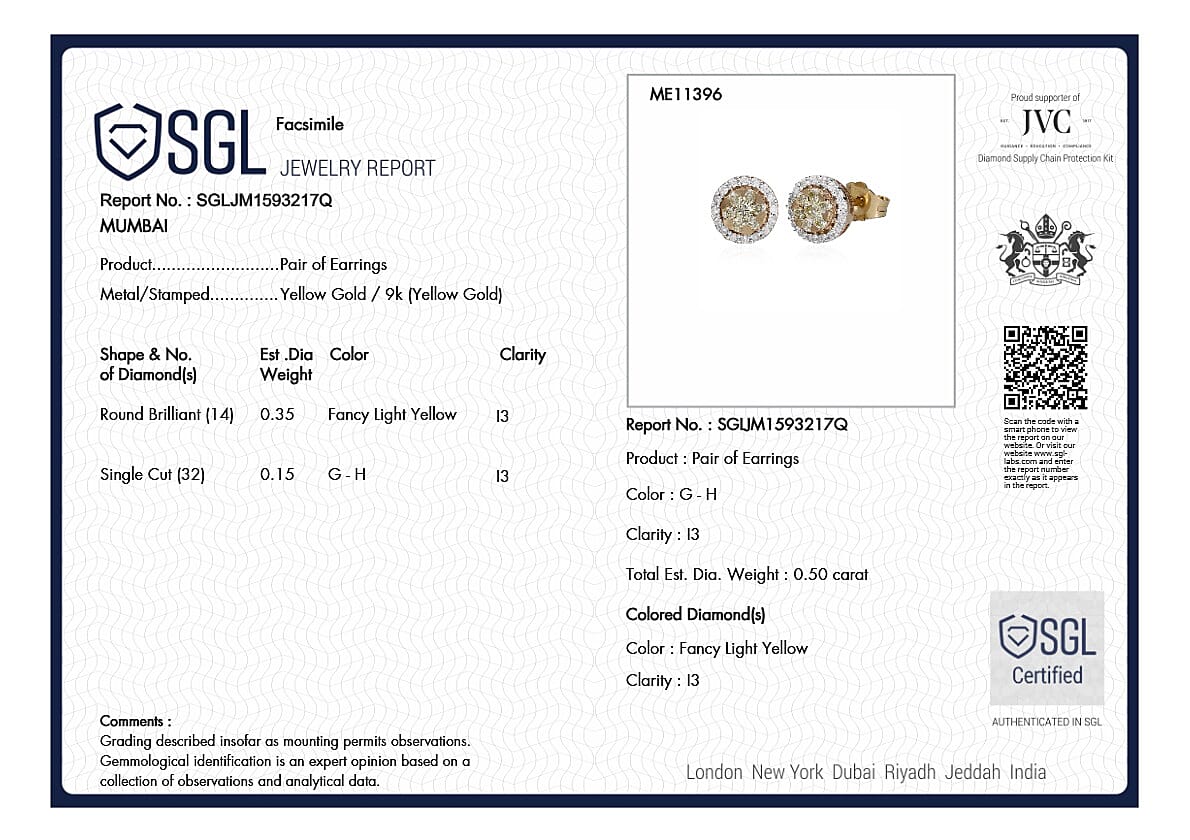 9K Yellow Gold SGL Certified Natural Yellow Diamond, White Diamond Cluster Stud Push Back Earrings 0.50 Ct. 8114449 4