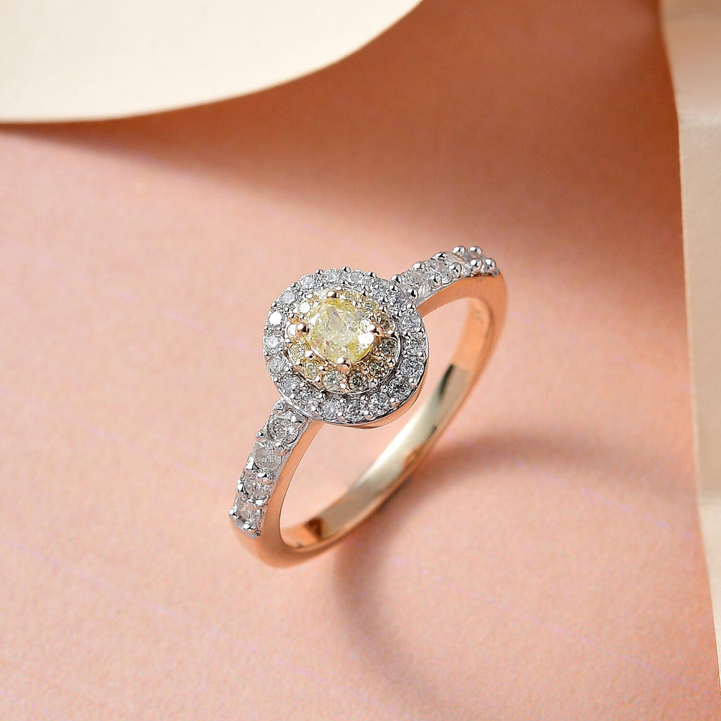 9K Yellow Gold SGL Certified Natural Yellow Diamond & Diamond  Ring 0.75 Ct.
