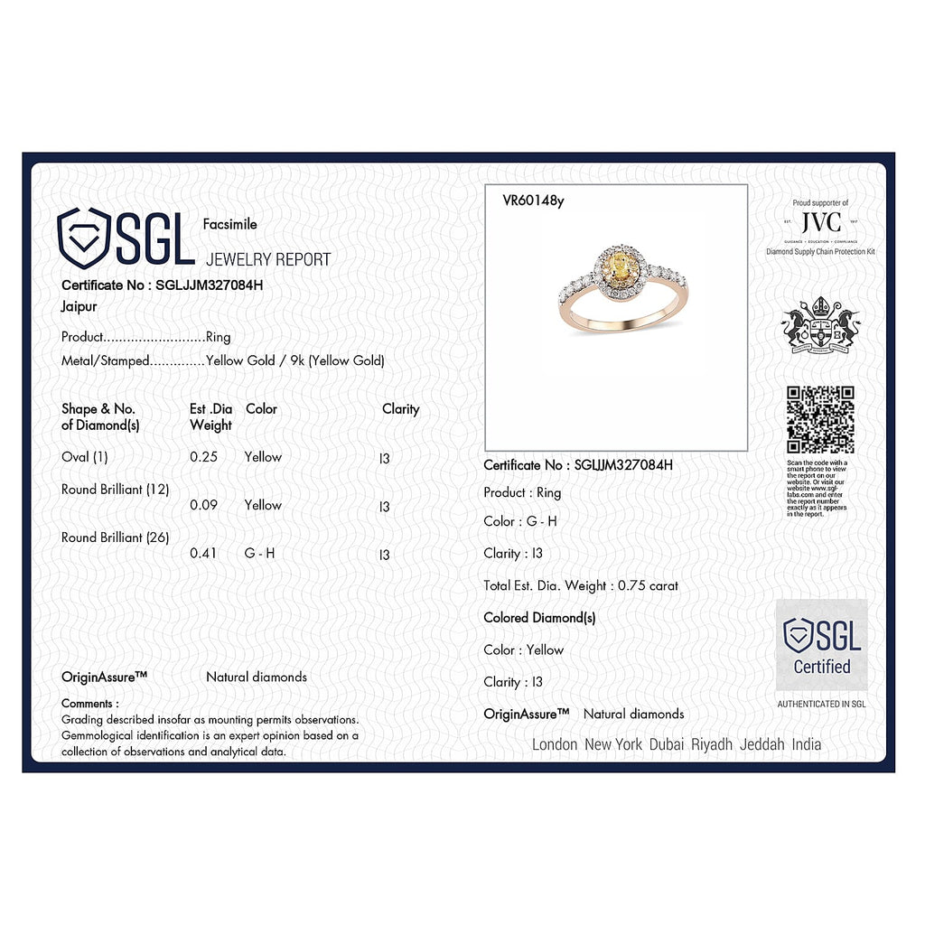 9K Yellow Gold SGL Certified Natural Yellow Diamond & Diamond  Ring 0.75 Ct.