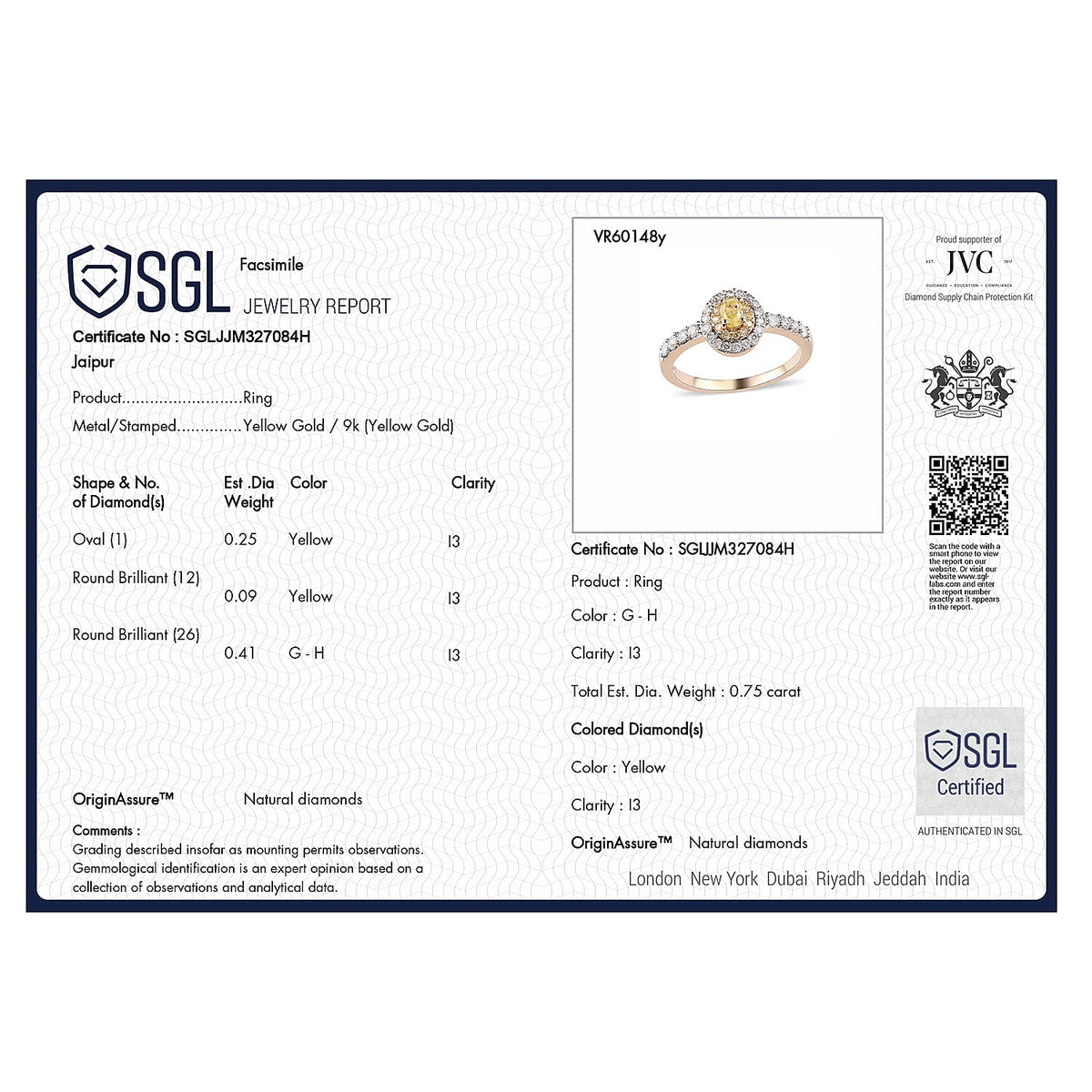 9K Yellow Gold SGL Certified Natural Yellow Diamond and Diamond I3 GH Cluster Ring 0.75 Ct 7214011 7