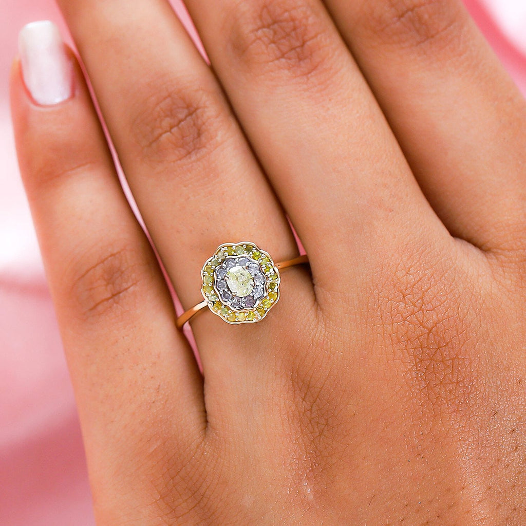 9K Yellow Gold SGL Certified Natural Yellow Diamond and White Diamond (G-H) Ring 0.50 Ct.