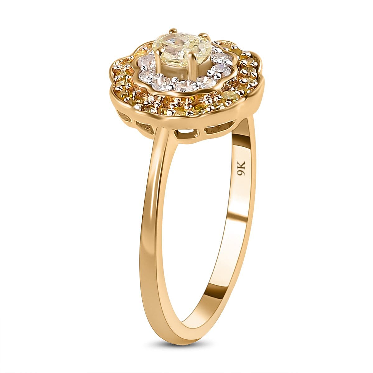 9K Yellow Gold SGL Certified  Natural Yellow Diamond and White Diamond I3 GH Cluster Halo Ring 0.50 Ct 7213984 4