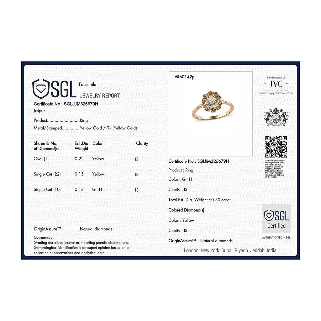 9K Yellow Gold SGL Certified Natural Yellow Diamond and White Diamond (G-H) Ring 0.50 Ct.