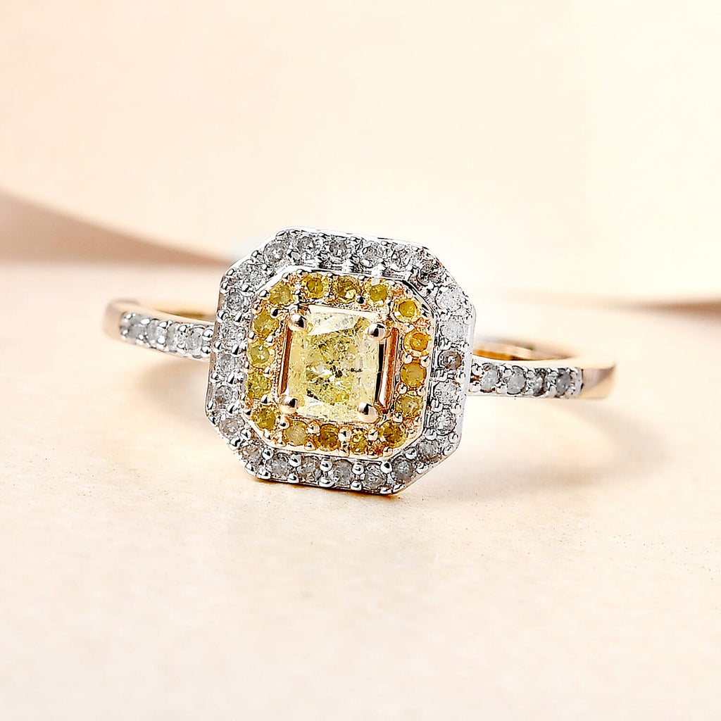 9K Yellow Gold SGL Certified Natural Yellow Diamond and White Diamond (G-H) Halo Ring 0.50 Ct.
