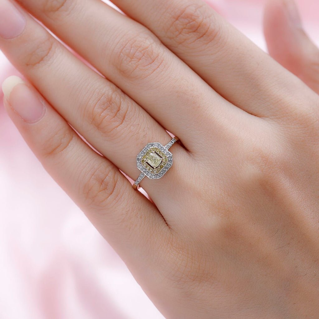 9K Yellow Gold SGL Certified Natural Yellow Diamond and White Diamond (G-H) Halo Ring 0.50 Ct.