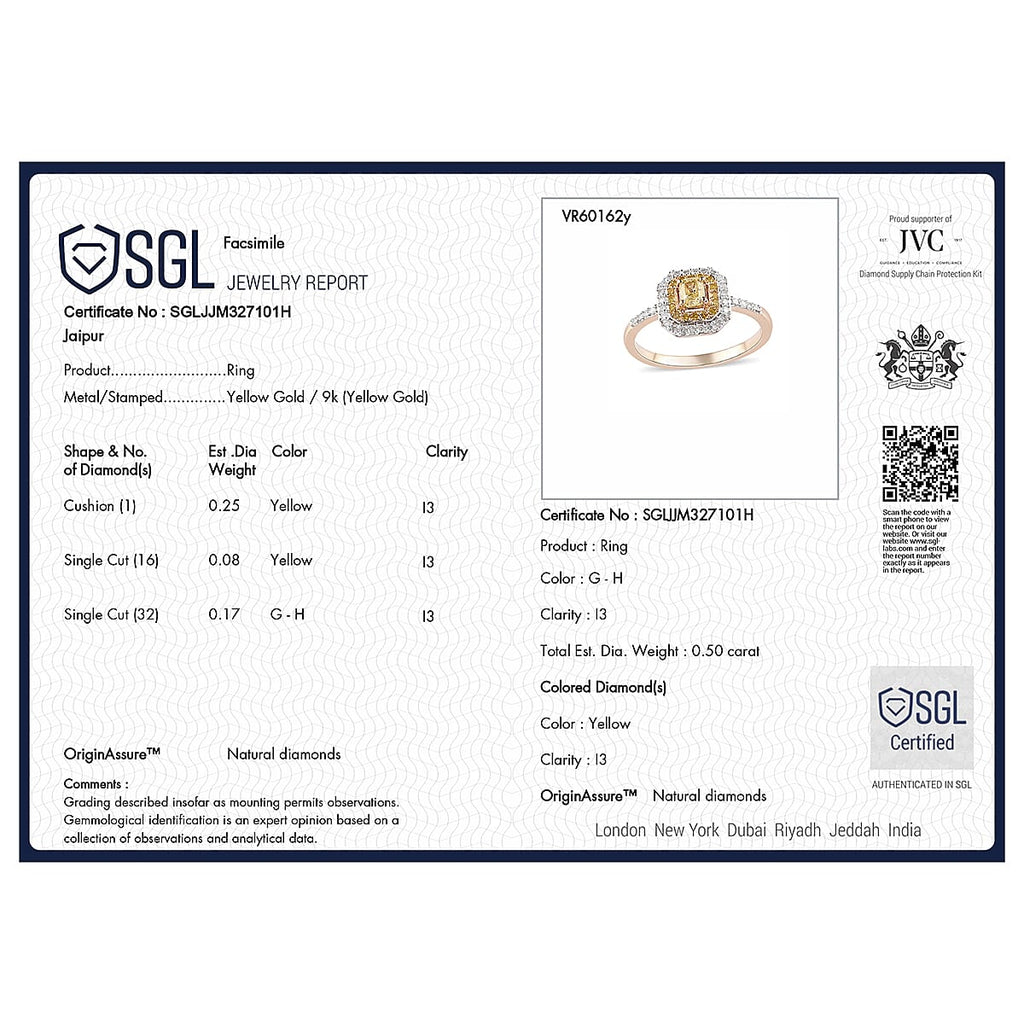 9K Yellow Gold SGL Certified Natural Yellow Diamond and White Diamond (G-H) Halo Ring 0.50 Ct.