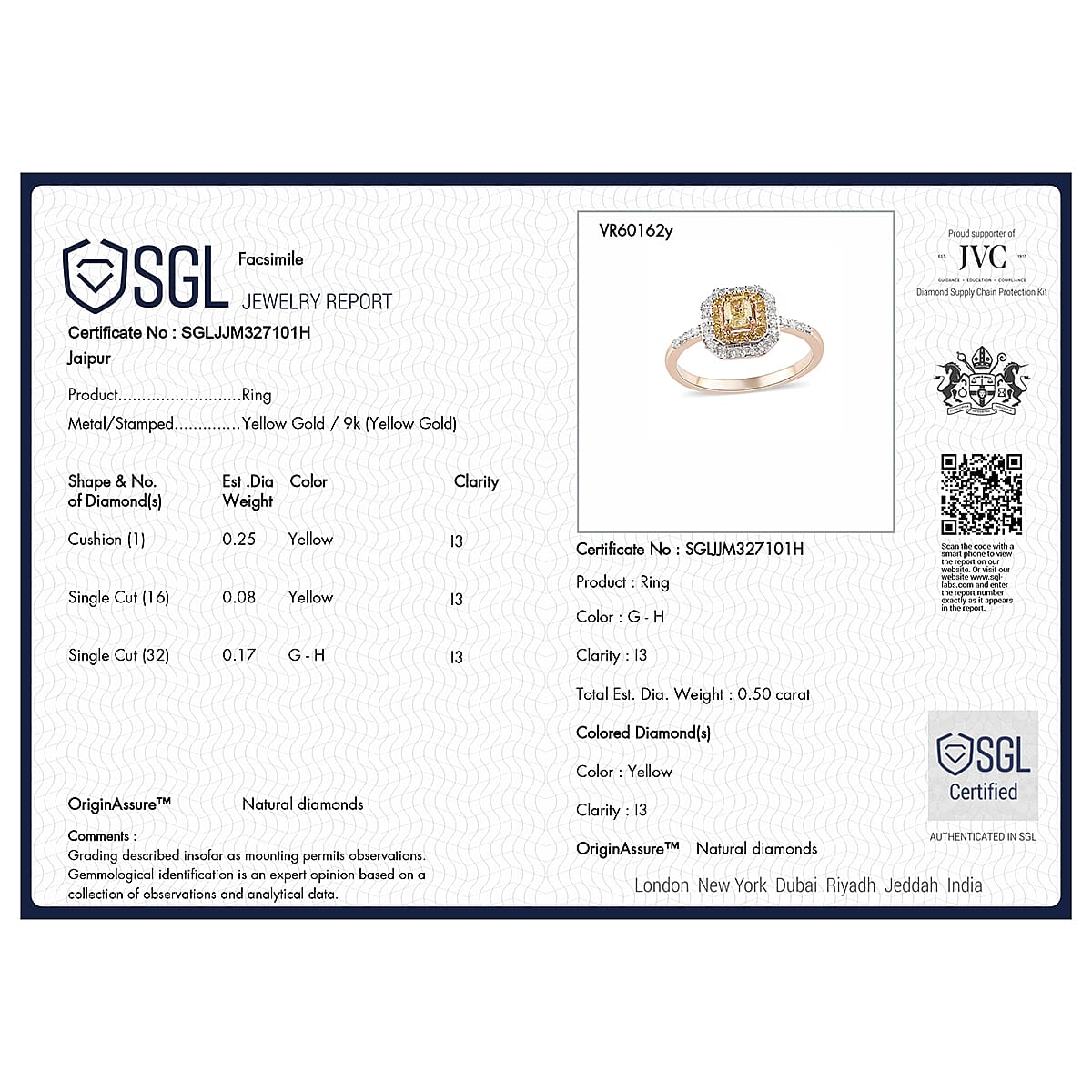9K Yellow Gold SGL Certified Natural Yellow Diamond and White Diamond I3 GH Cluster Halo Ring 0.50 Ct 7224423 7