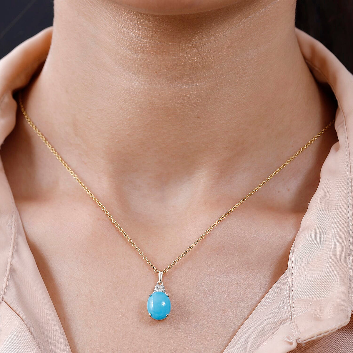 9K Yellow Gold Sleeping Beauty Turquoise ,White Diamond  Main Stone With Side Stone Pendant 3.53 Ct. 7557773 1