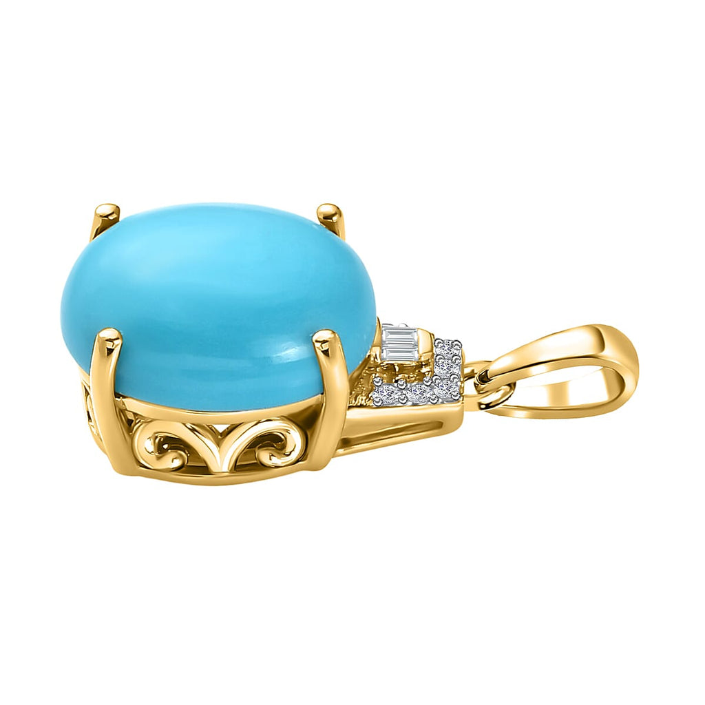 9K Yellow Gold Sleeping Beauty Turquoise ,White Diamond  Main Stone With Side Stone Pendant 3.53 Ct.
