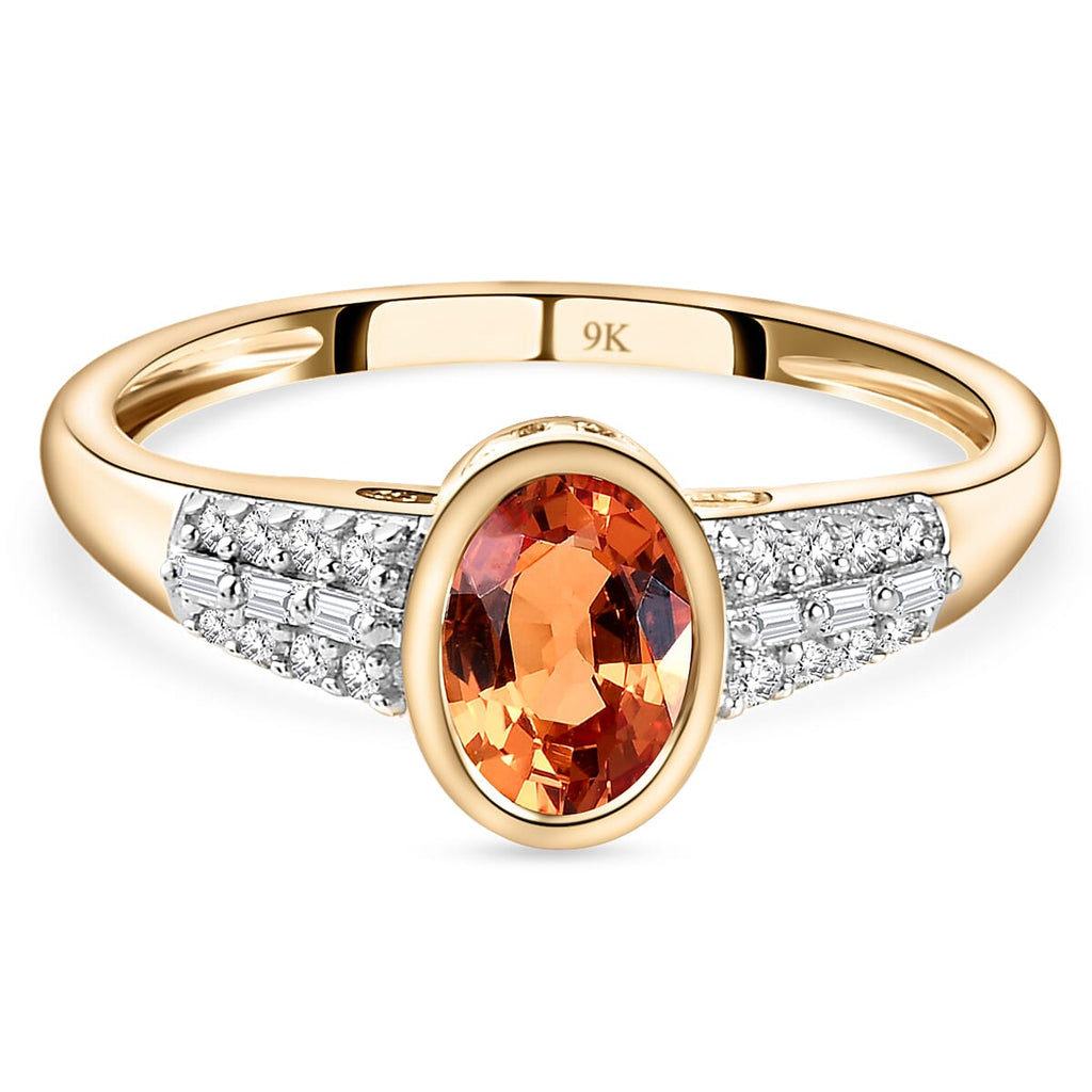 9K Yellow Gold Shipwreck Thai Orange Sapphire and Diamond Ring 1.18 Ct.