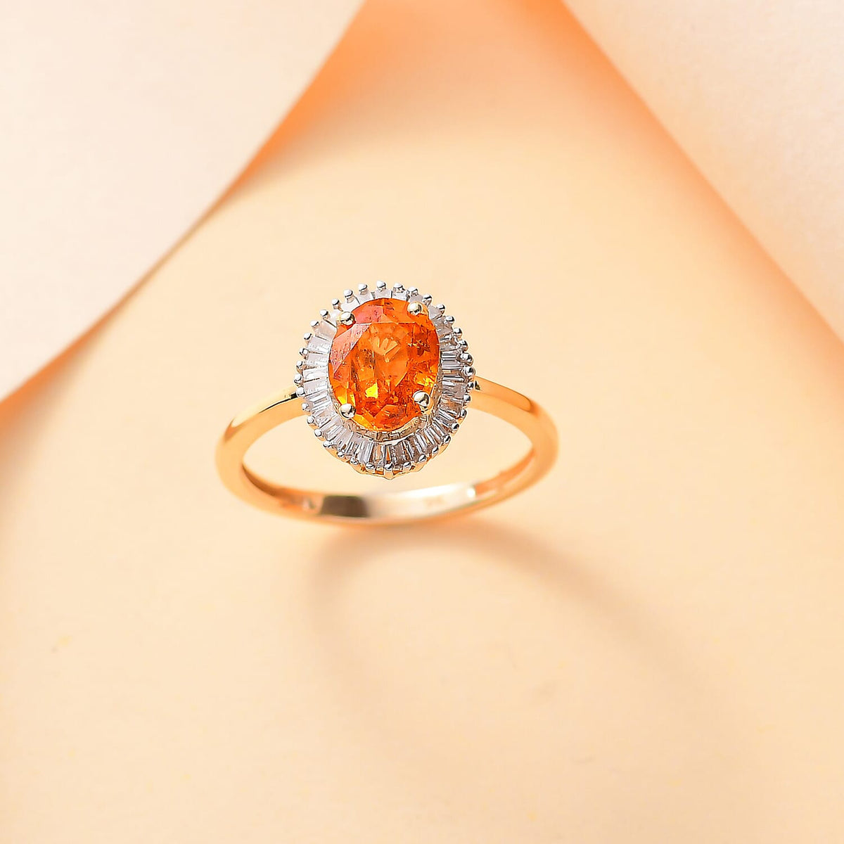 9K Yellow Gold Spessartine Garnet, White Diamond Halo Ring 2.02 ct. 7855514 2