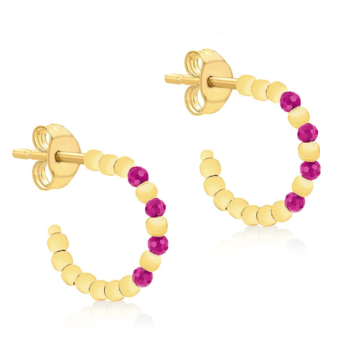 9K Yellow Gold 4 Synthetic Round Red Corondum Open Hoop Stud Earrings 7190116 1