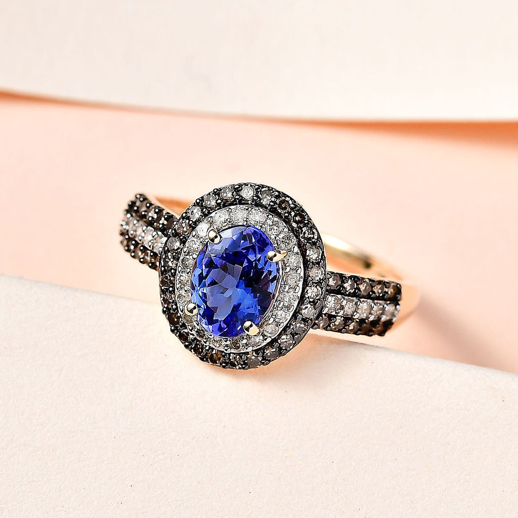 9K Yellow Gold AA Tanzanite, Champagne Diamond & White Diamond Ring 1.83 Ct