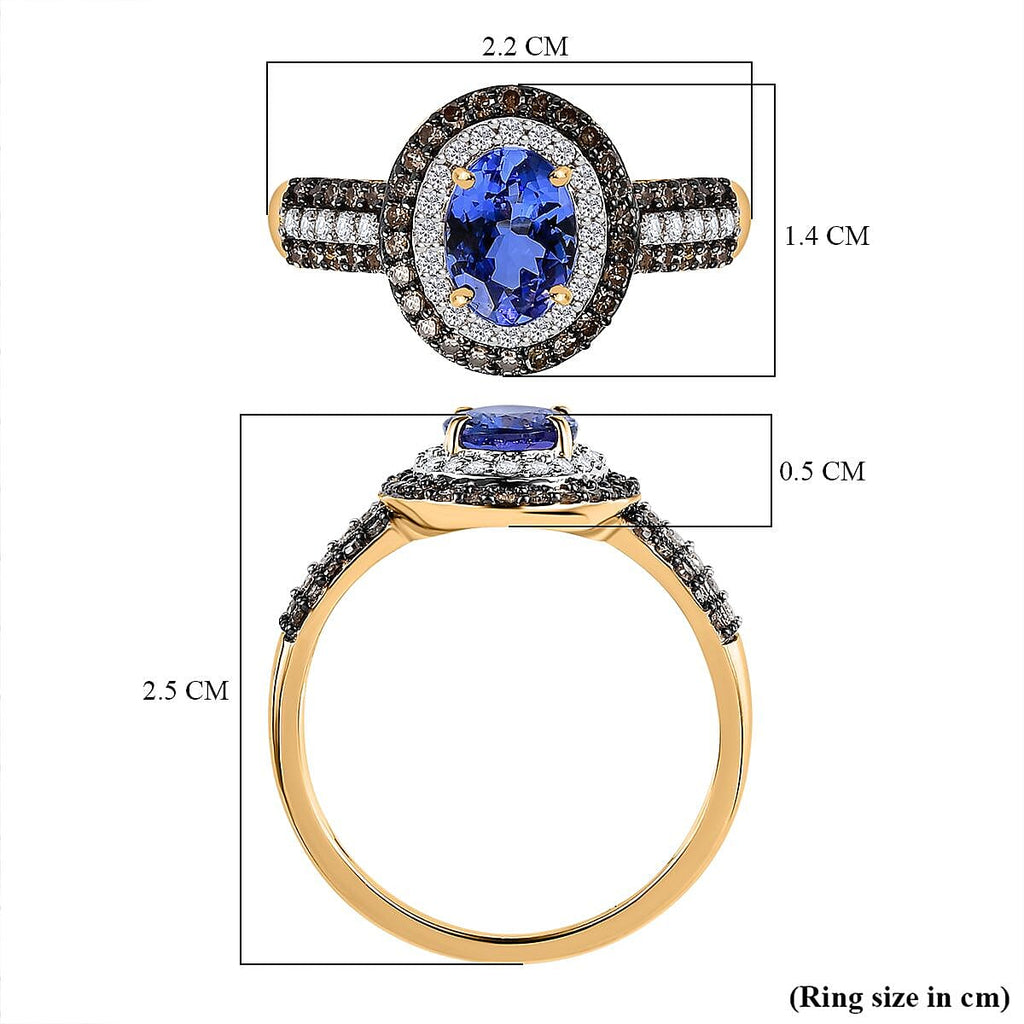 9K Yellow Gold AA Tanzanite, Champagne Diamond & White Diamond Ring 1.83 Ct
