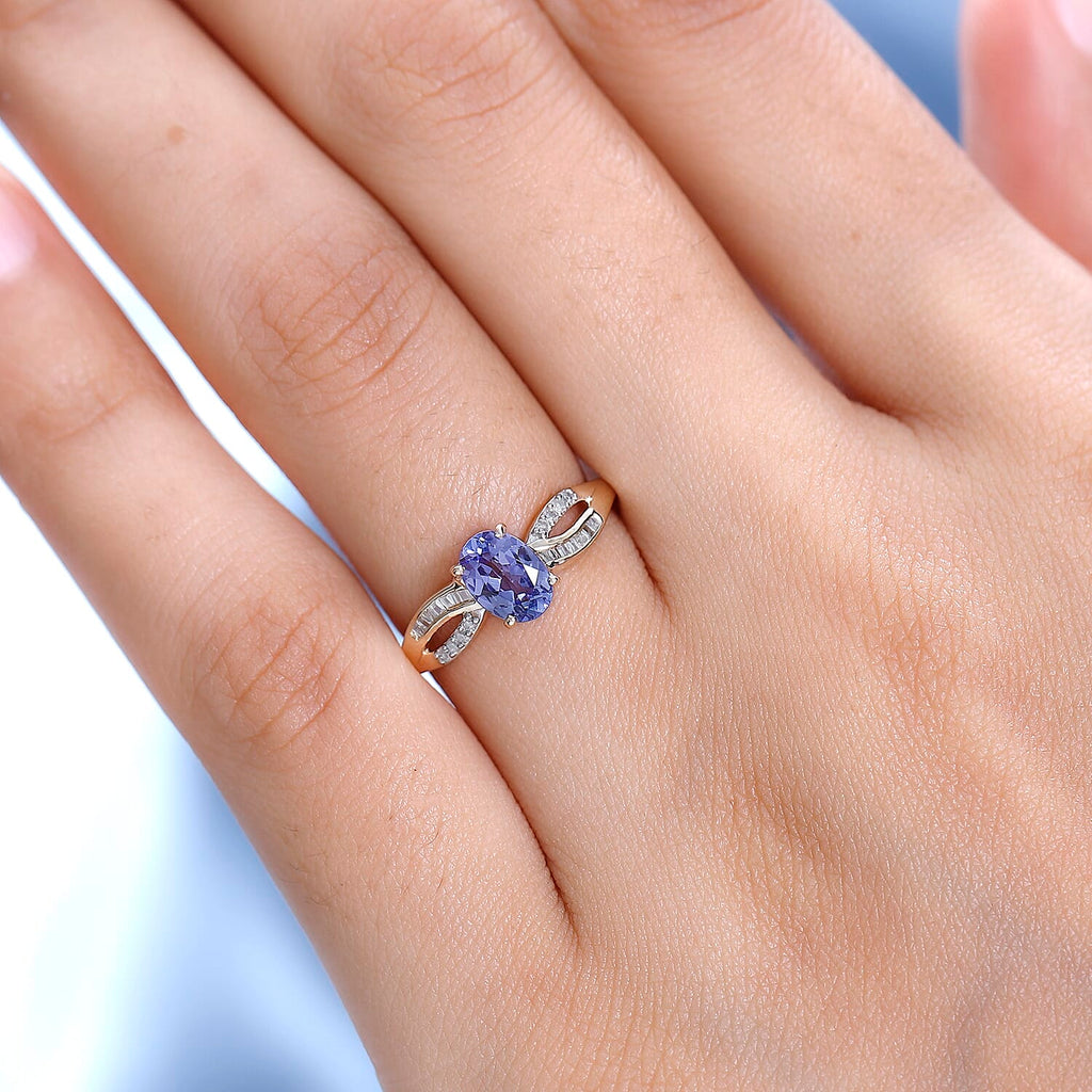 9K Yellow Gold Tanzanite & Diamond Ring 0.90 Ct.(Two Size up-down).