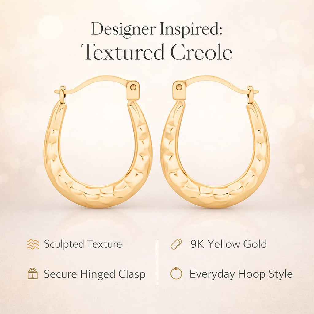9K Yellow Gold Textured Creole Earring with Clasp