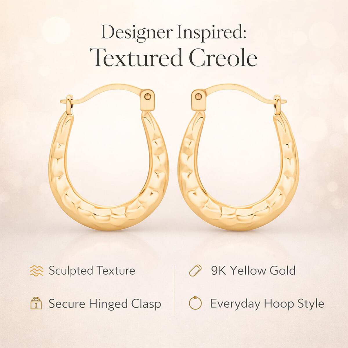 9K Yellow Gold Textured Creole Earring with Clasp 8356195 5