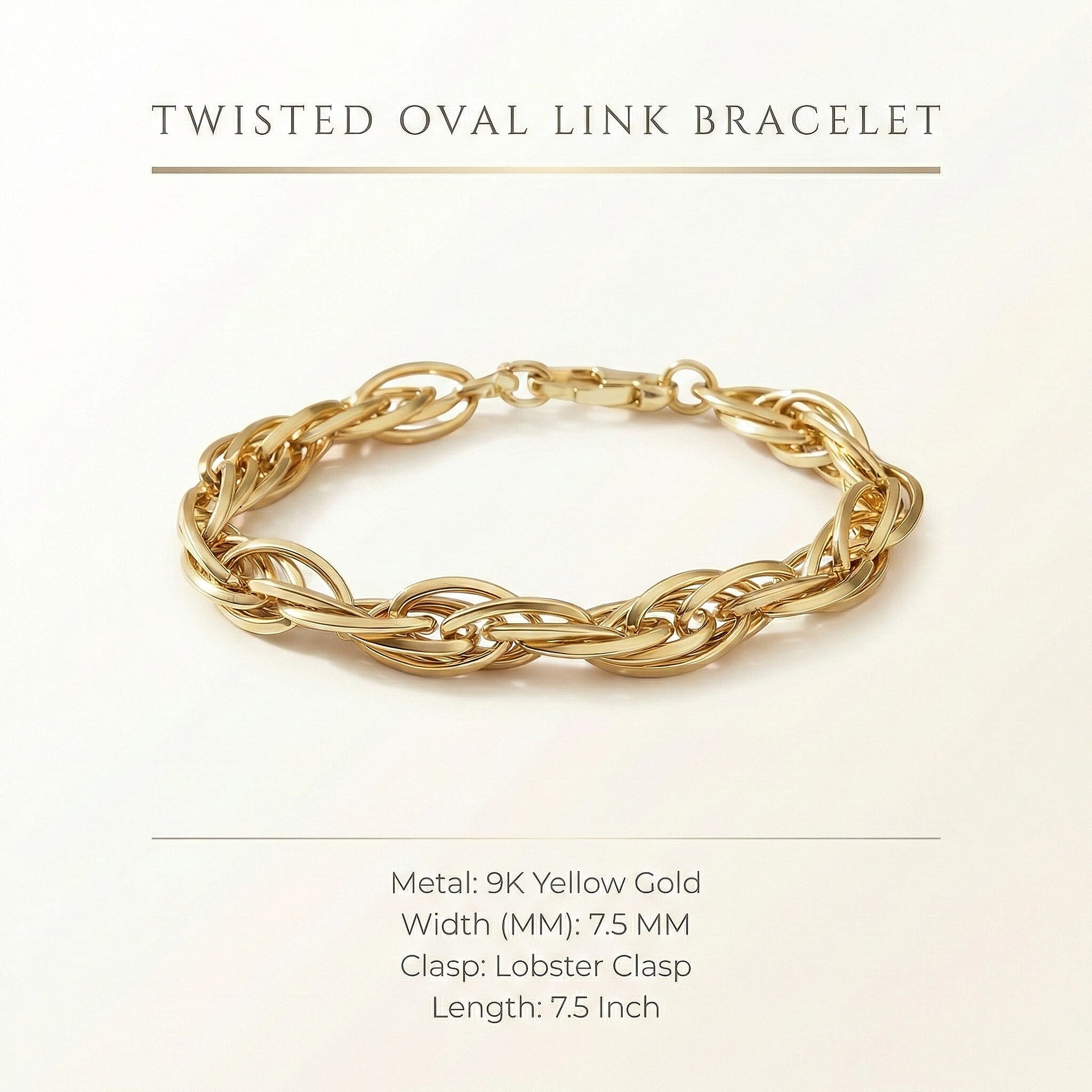 9K Yellow Gold Twisted Oval Link Bracelet 7.5 Inch 7193959 7